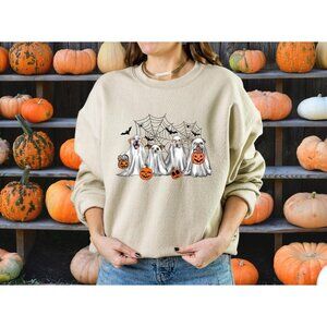Women's Halloween Ghost Dog Print T-Shirt Crewneck Pullover Long Sleeve Comfort